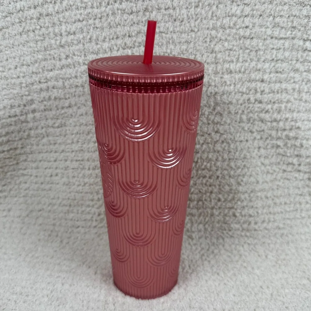Starbucks 2022 Pink Tumbler 24 oz Cold Cup Quilted Arches‎ Reusable Straw Lid